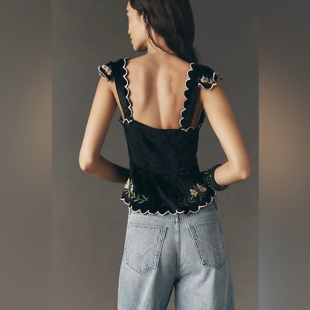 New Anthropologie Maeve Black Waisted Scallop Embroidered Blouse Top Shirt XL - Picture 4 of 8